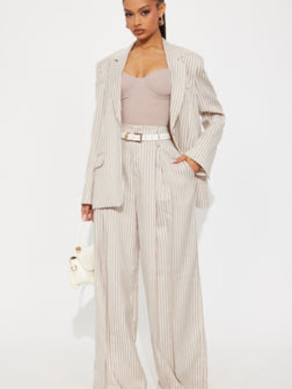 Fashion Nova Pinstripe Wide Leg Suit Pants in Light Beige